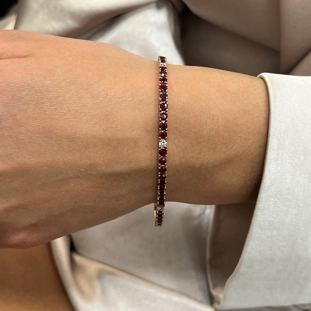 Rachel Koen Red Ruby & Diamond Tennis Bracelet 14K Yellow Gold 7 Inches